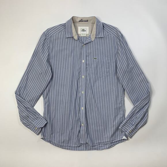 Lacoste Shirt Mens 40 Blue Button Up Slim Fit Striped Long Sleeve Cotton Preppy - Picture 2 of 9